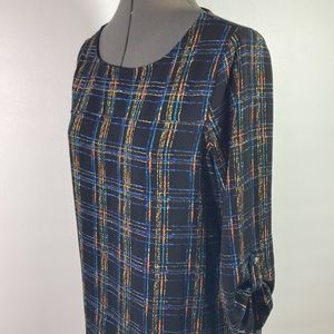 Valerie Stevens Black w Colorful Stripes Tab Sleeves Top Size S